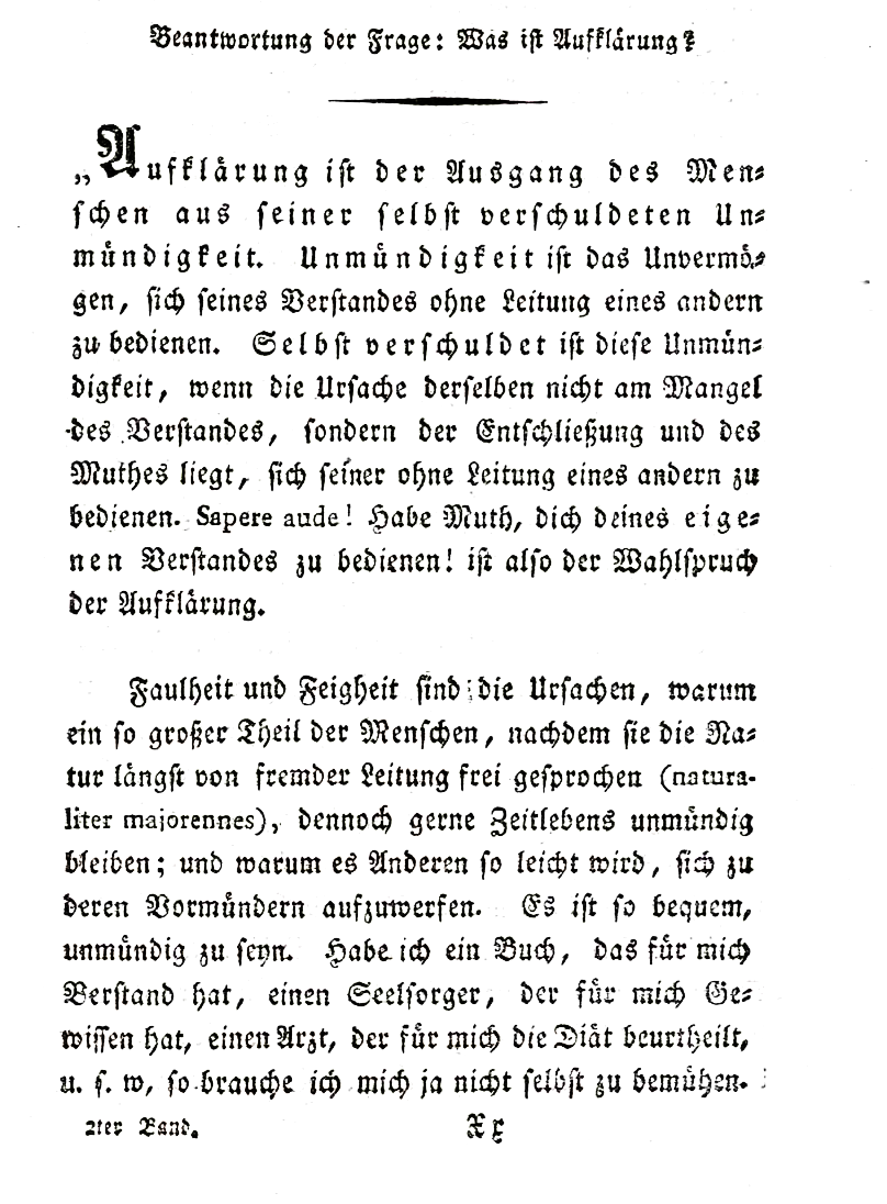 Respondendo à pergunta: O que é o Iluminismo? de Immanuel Kant. Versão de 1799